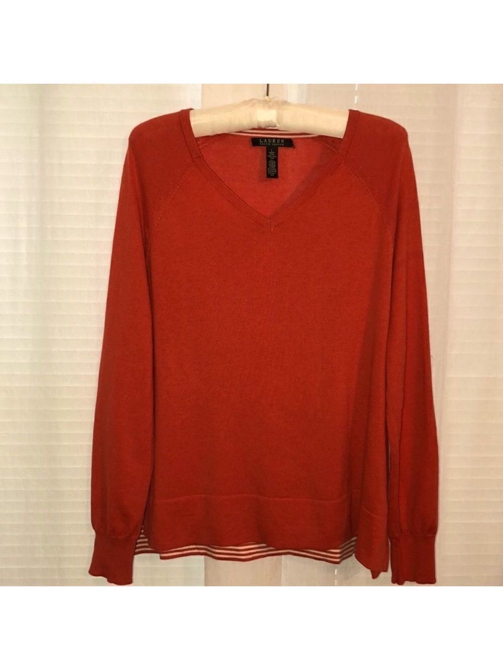 LRL L Orange Inner White Stripe Details Long Sleeve V-Neck High Low Pullover